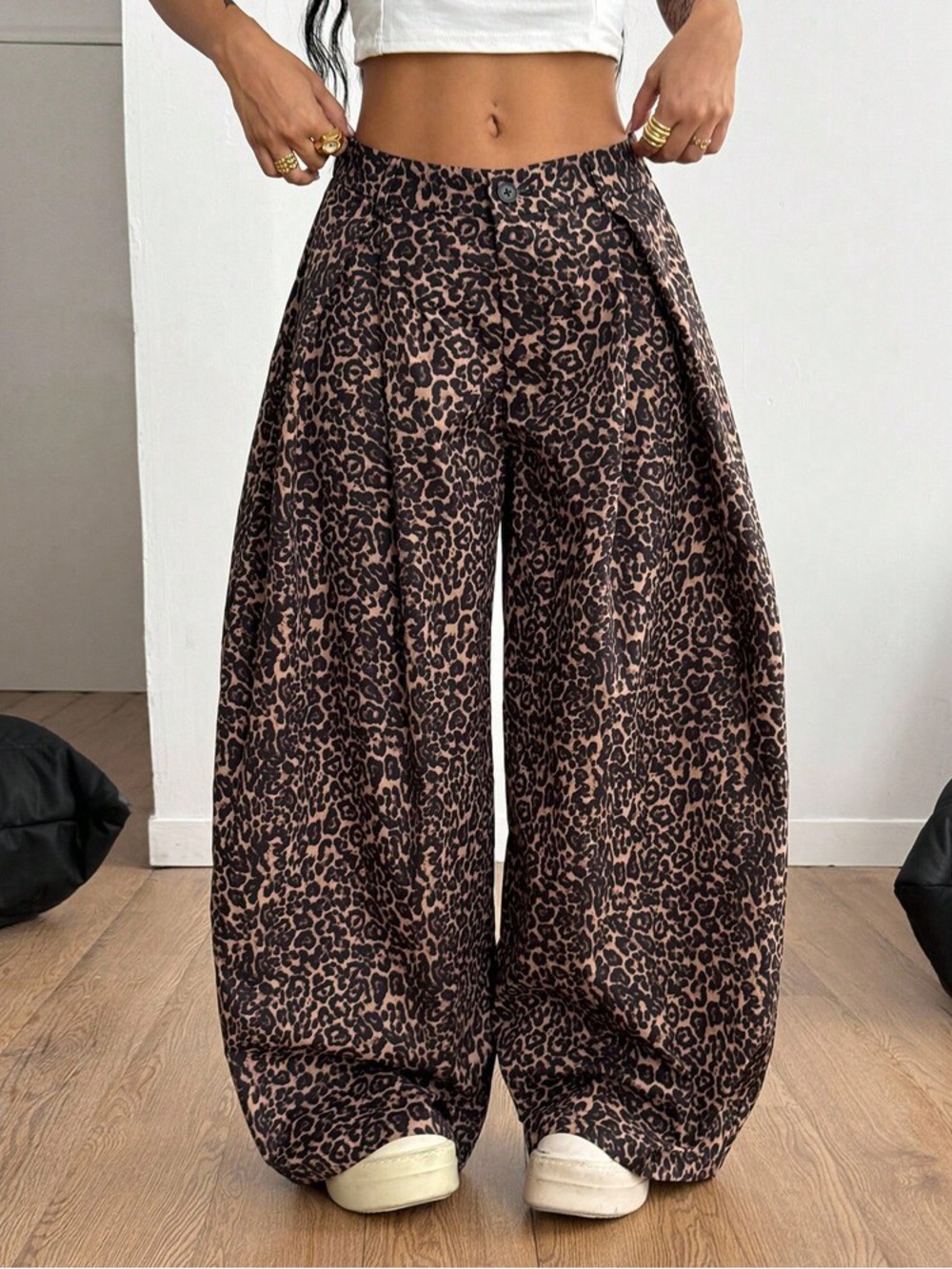 Shein Wide Leg Pleated Animal Print Trousers XL